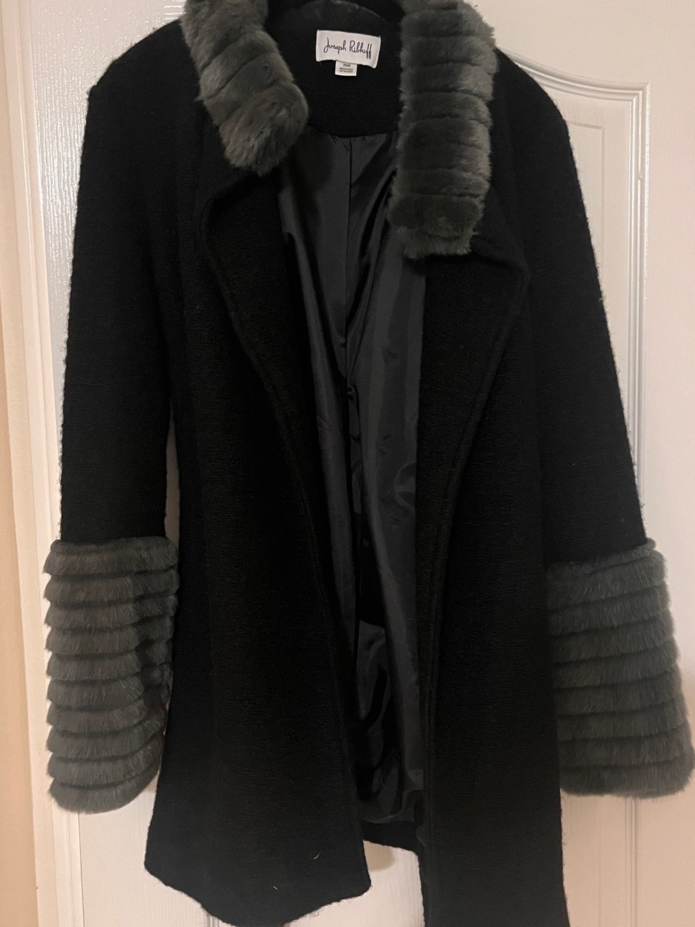 Joseph Ribkoff Black Coat with Gray Faux Fur Trim